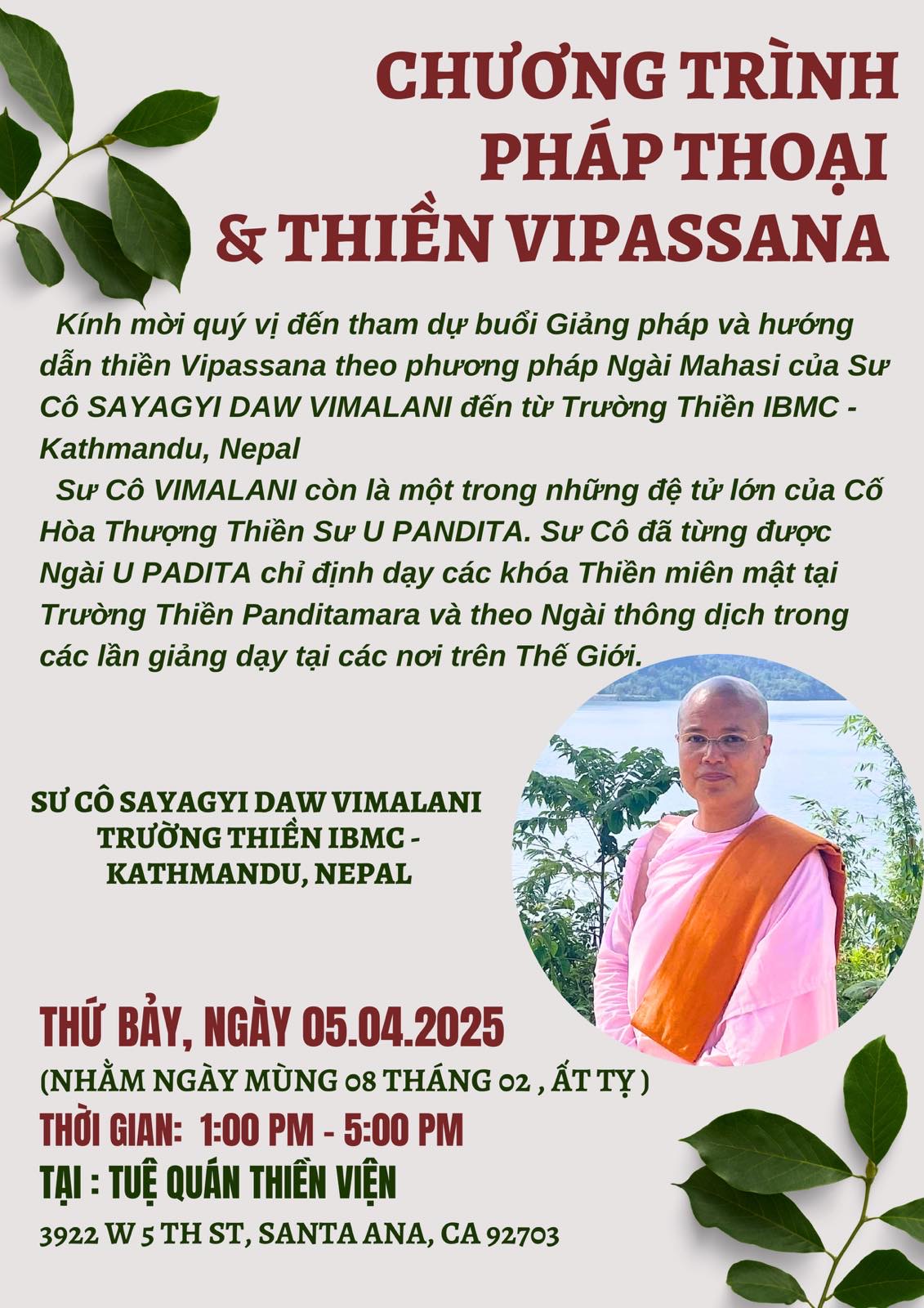 CHƯƠNG TRÌNH PHÁP THOẠI & THIỀN VIPASSANA